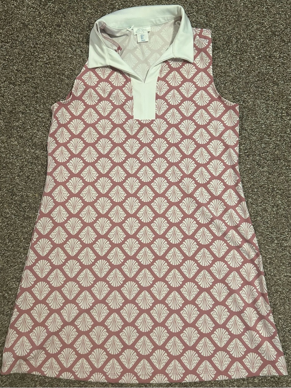 SIGRID OLSEN Sleeveless Pink Shell-Print Polo Dress with White Collar Stretchy